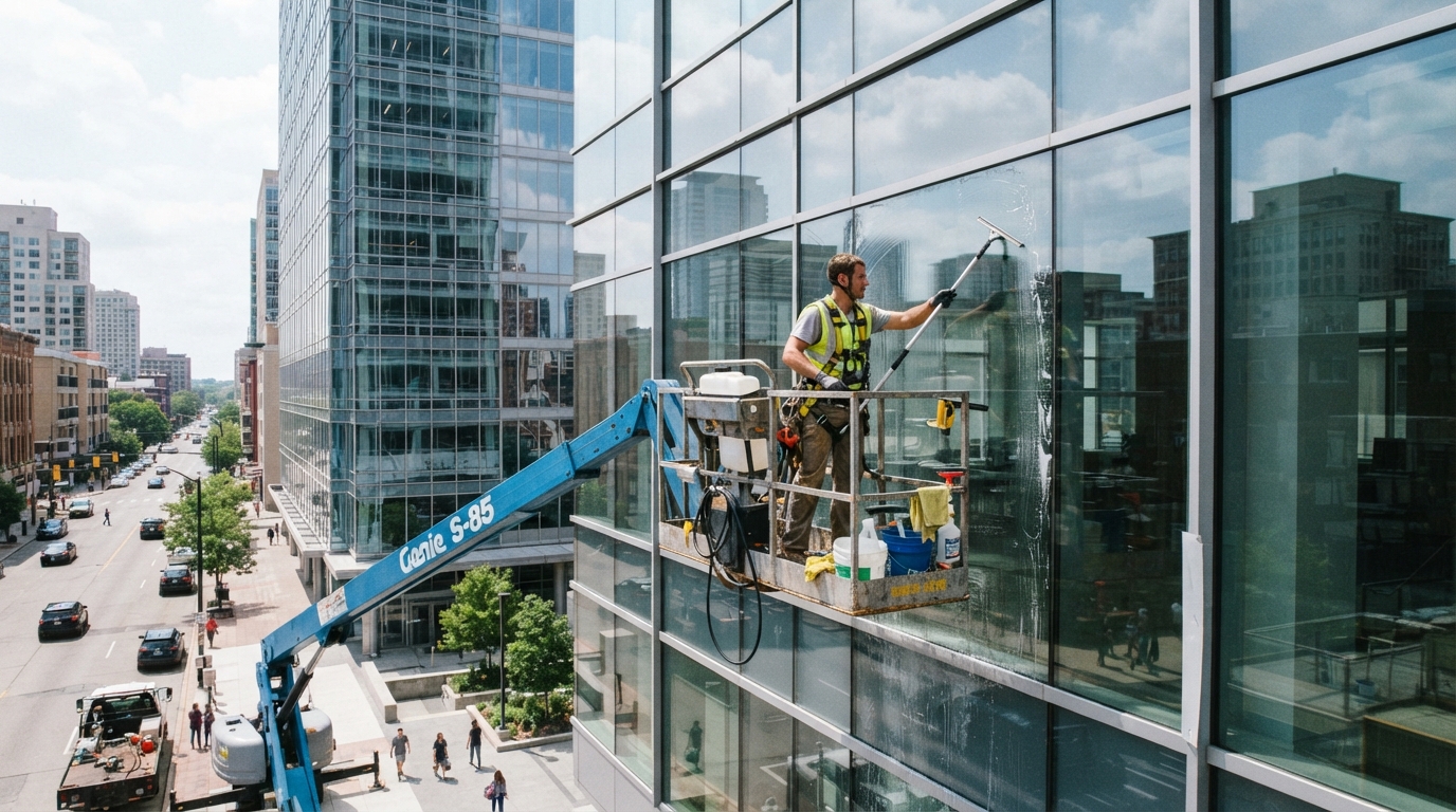 Commercial window cleaning technician on a lift cleaning large glass windows of a modern office building with a squeegee