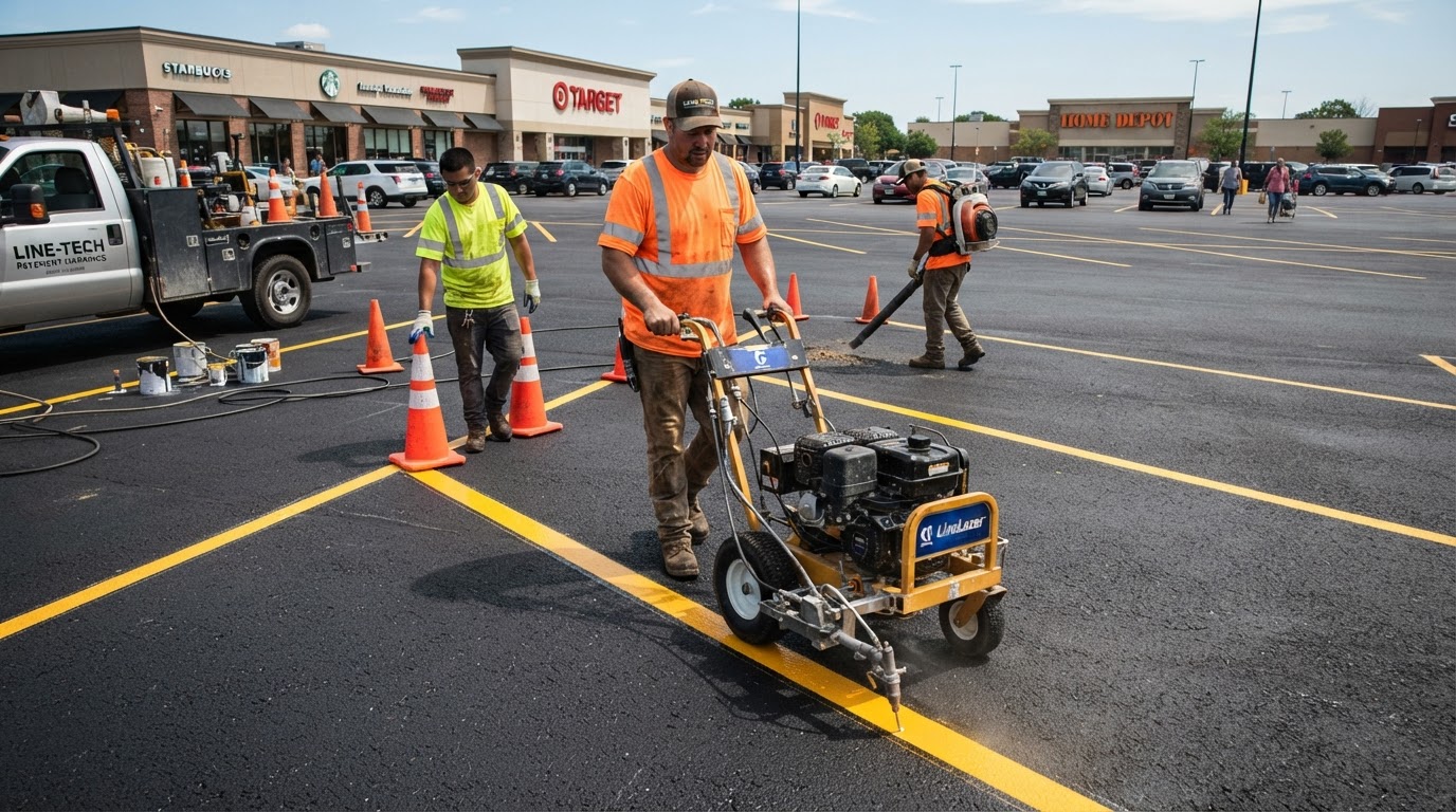 Parking lot maintenance crew using a professional line striping machine to paint yellow parking lines on fresh asphalt in a commercial parking lot