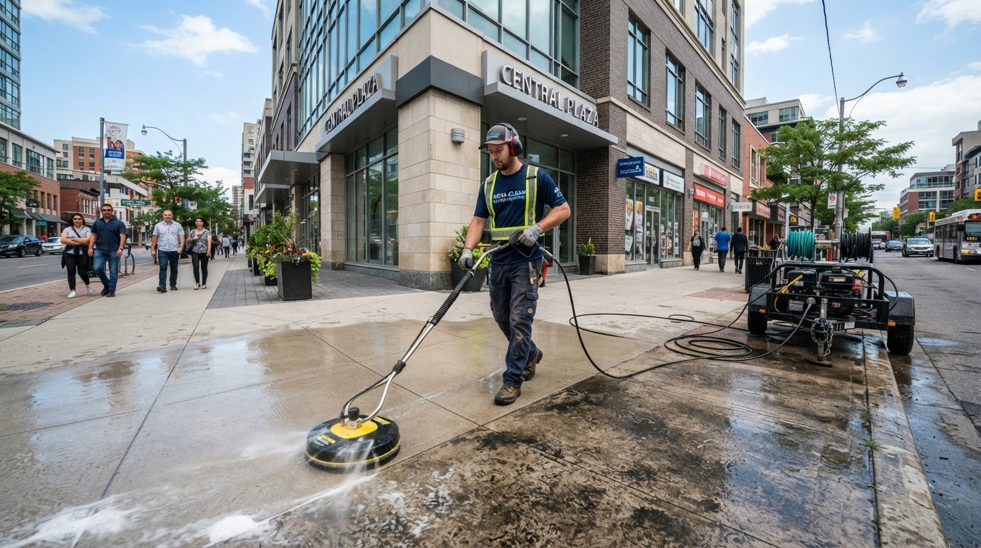 Commercial pressure washing technician using a high-pressure washer to clean the exterior sidewalk of a commercial building