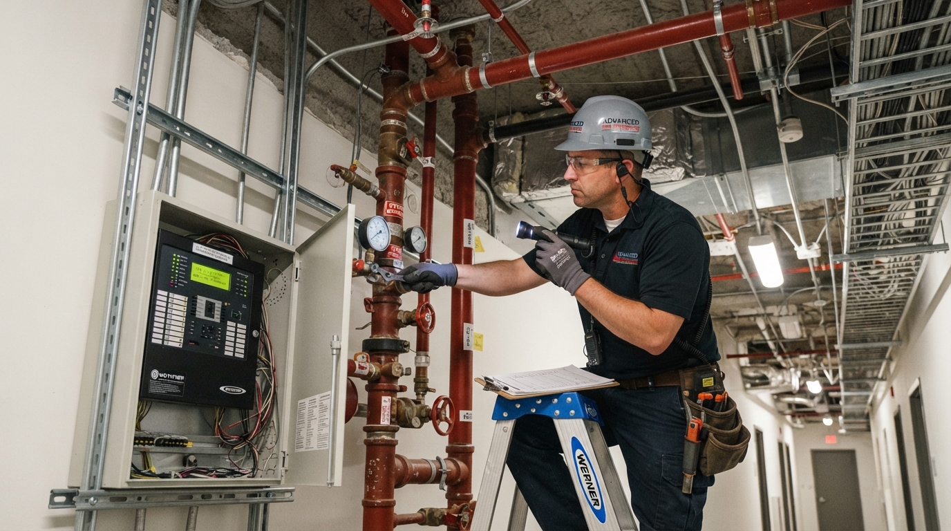 Fire protection contractor inspecting fire sprinkler pipes and alarm control panel inside a commercial building ceiling