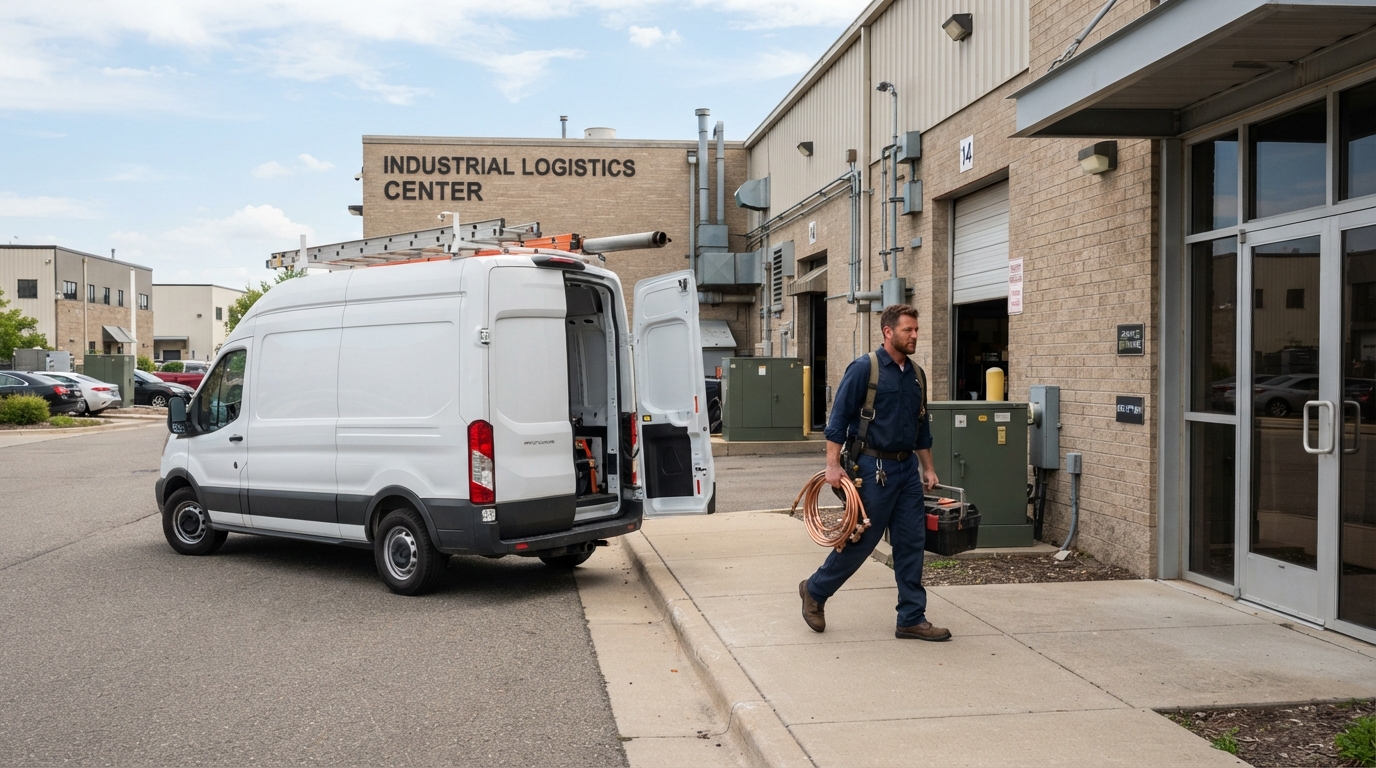 Commercial plumber in uniform walking with tools toward a commercial building entrance
