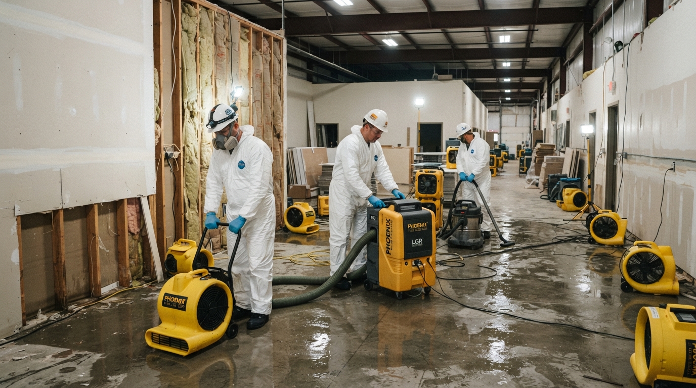 Water damage restoration crew in protective gear using industrial drying equipment and dehumidifiers inside a flooded commercial building