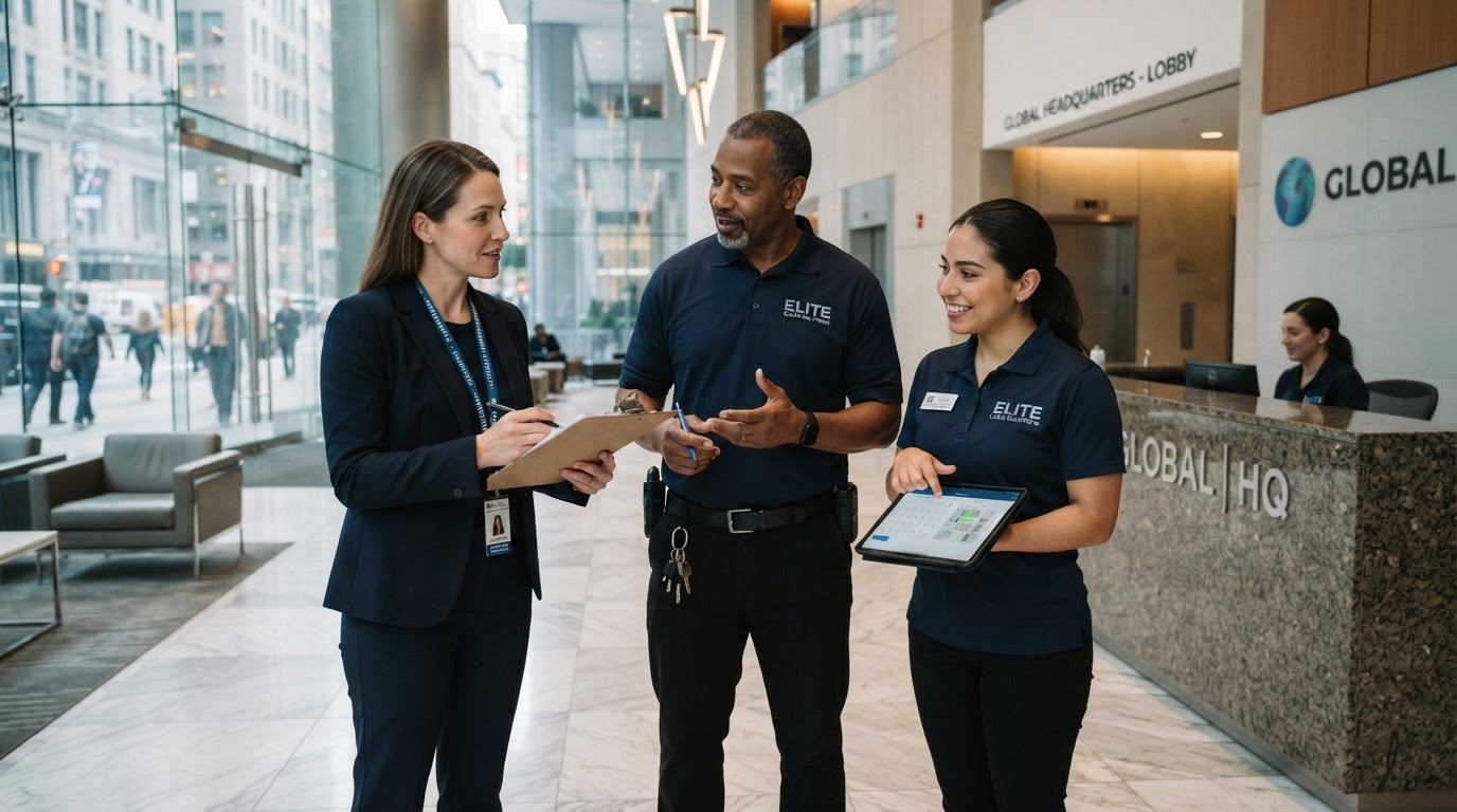 Commercial cleaning team scheduling a walkthrough with a facility manager in an office building lobby