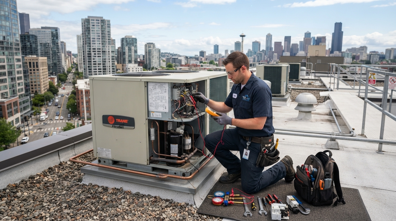 Commercial HVAC technician servicing a rooftop HVAC unit on a commercial building