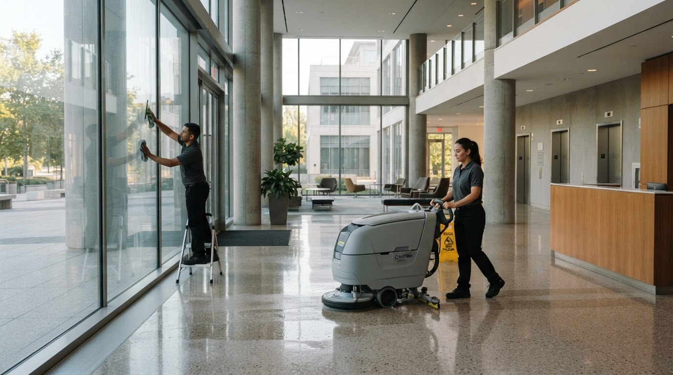Commercial cleaning crew cleaning a large office building lobby with floor scrubber