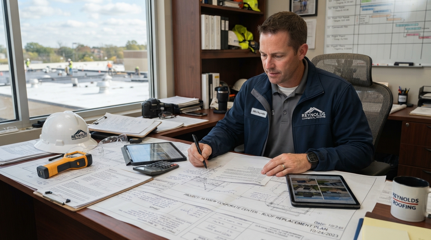 Commercial roofing contractor reviewing documents and plans at a desk after a roof inspection
