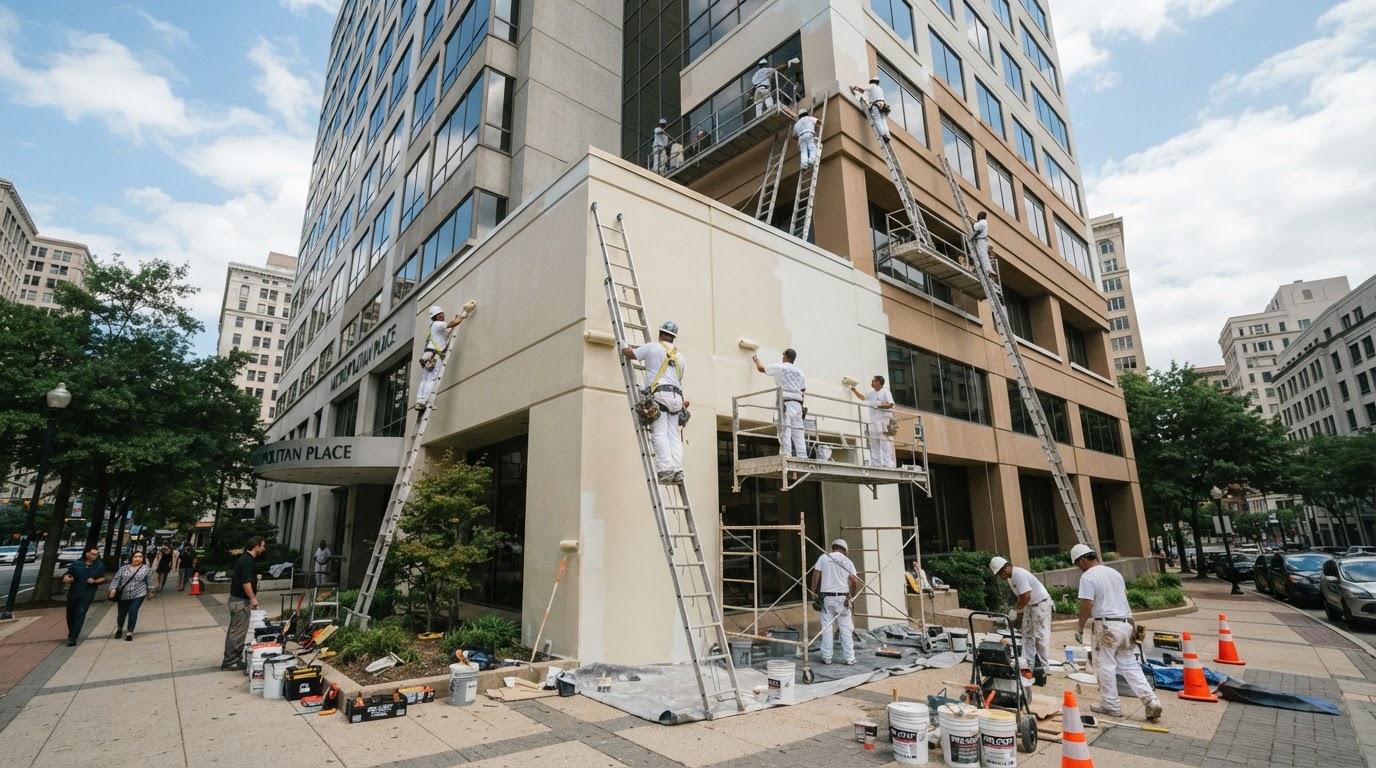 Commercial painting crew painting the exterior of a large office building with ladders and rollers
