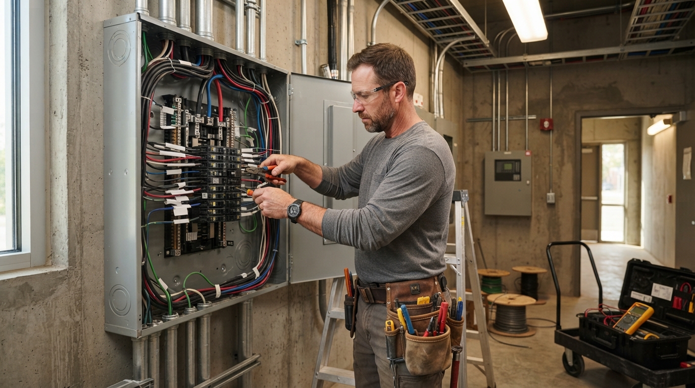 Commercial electrician working on an electrical panel inside a commercial building with professional tools