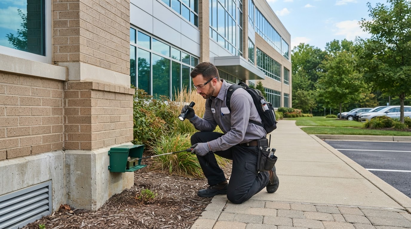 Commercial pest control technician inspecting the exterior perimeter of a commercial building with professional equipment