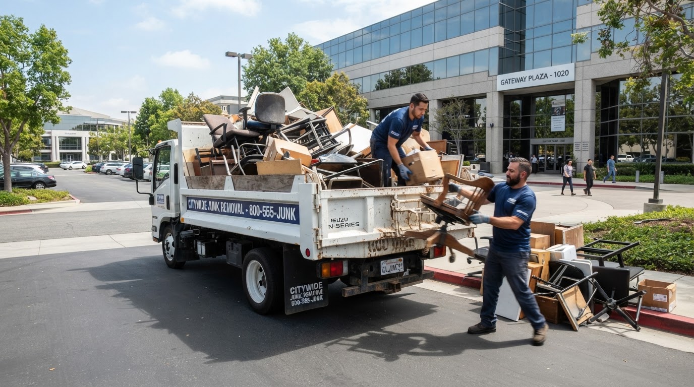 Commercial junk removal team loading debris and old furniture into a large dump truck outside a commercial property