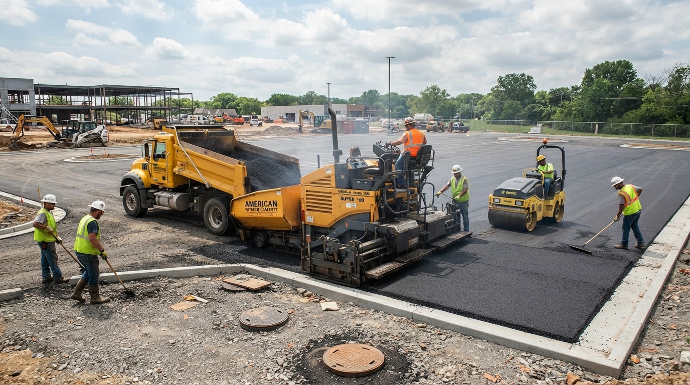 Commercial concrete and asphalt paving crew operating a paver machine laying fresh asphalt on a commercial parking lot