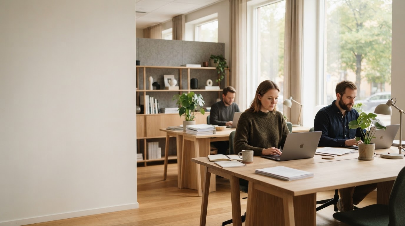 Modern svensk arbetsplats med anställda i en naturlig arbetsmiljö