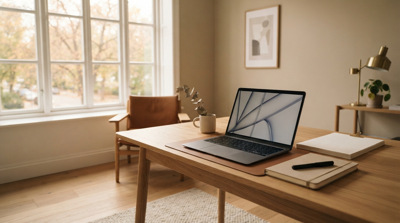 Premium svenskt kontorslandskap med laptop och ordnade dokument