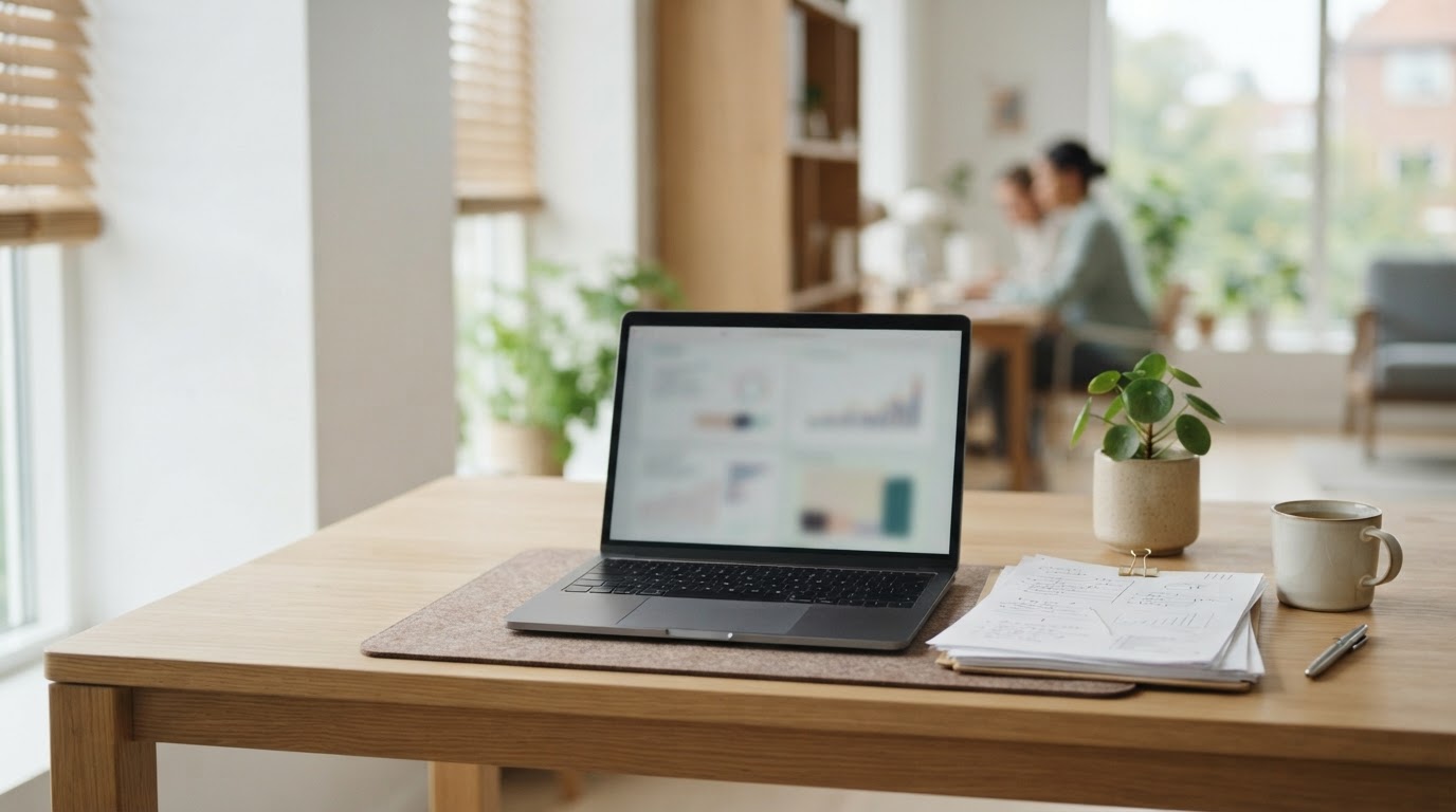 Avdämpat svenskt arbetslandskap med laptop och ordnade papper