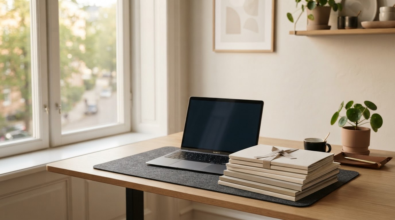 Refined svenskt skrivbord med ordnade rapporter och laptop