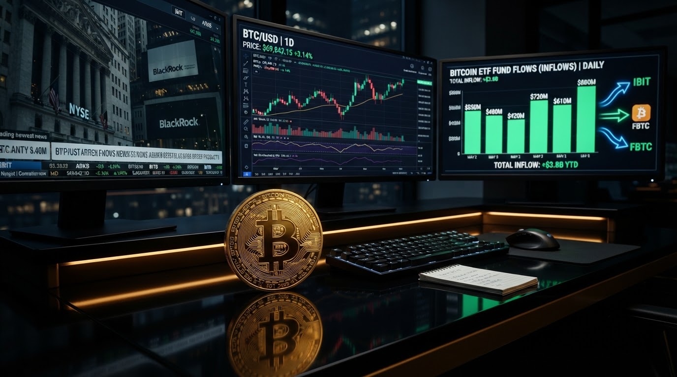 A realistic close-up of a dark trading workstation at night showing multiple monitors with Bitcoin price candlestick charts and ETF fund-flow inflow bar charts in green, a large golden Bitcoin coin reflecting on a glossy black desk surface, glowing institutional fund-flow arrows, a small NYSE and BlackRock building silhouette faintly reflected in one screen, electric blue and emerald light accents, warm amber desk lighting, no people
