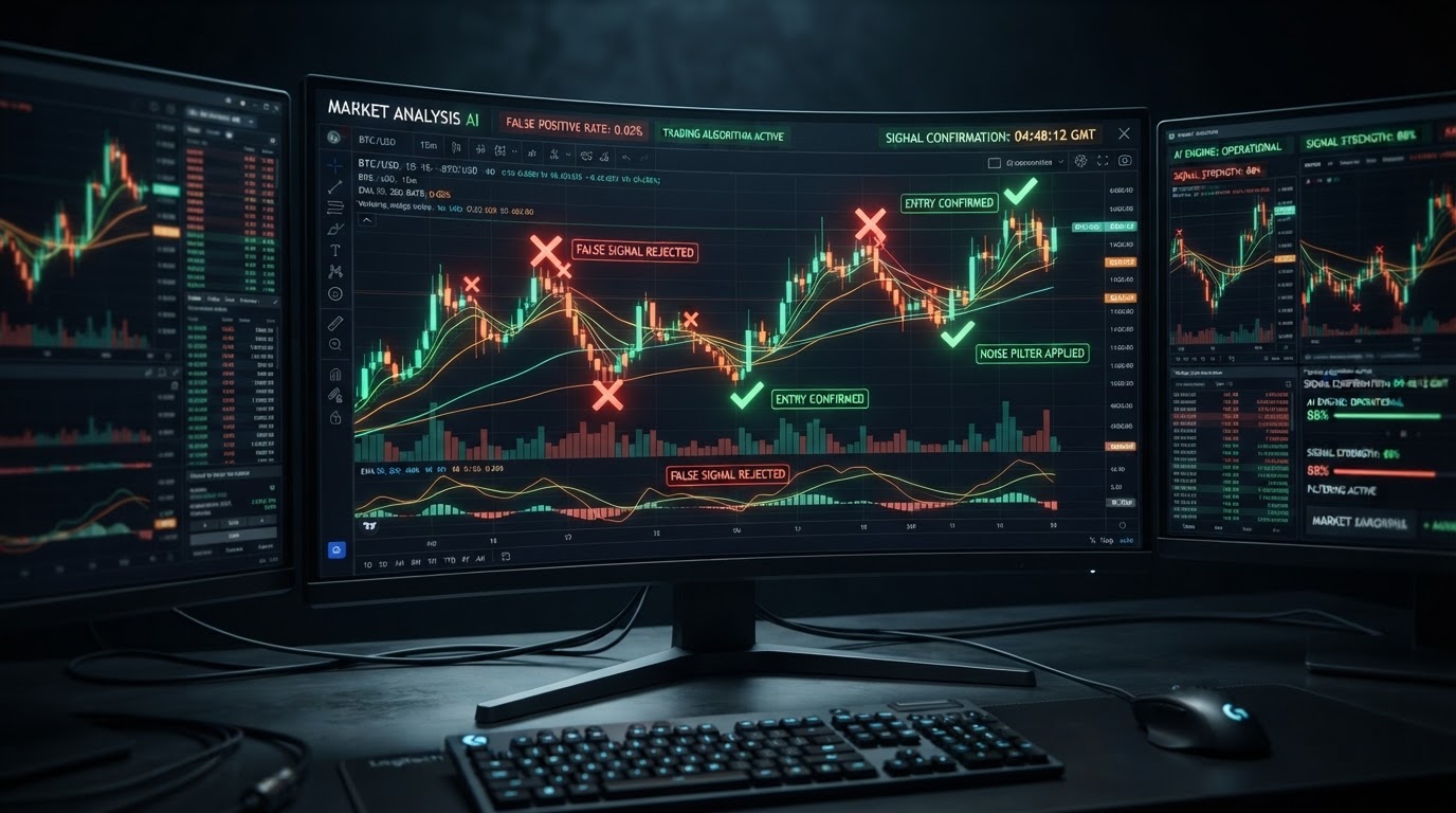 A realistic close-up of a dark trading dashboard showing an AI algorithm filtering false signals, with red X marks over rejected setups and green checkmarks over approved ones, candlestick charts on monitors, glowing emerald and amber data pathways, no people
