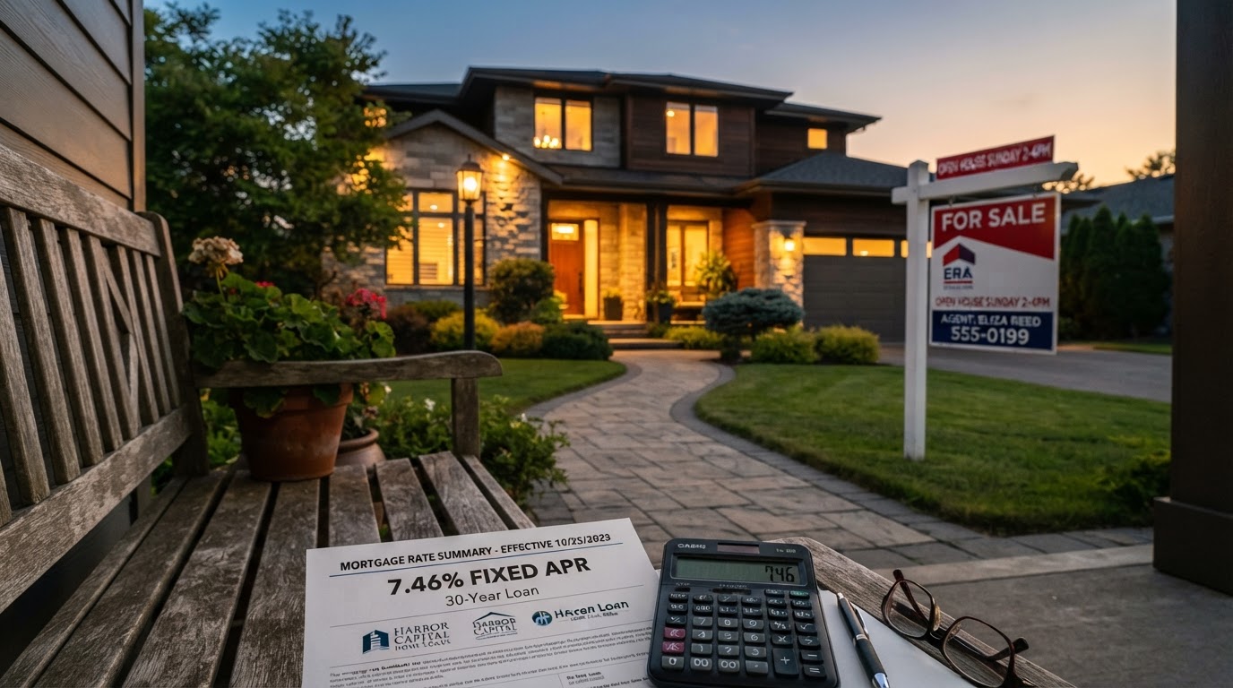 A realistic still life of a modern suburban house with a FOR SALE sign at dusk, a mortgage rate document showing 7.46% and a calculator on a wooden bench in the foreground, warm golden hour lighting, no people