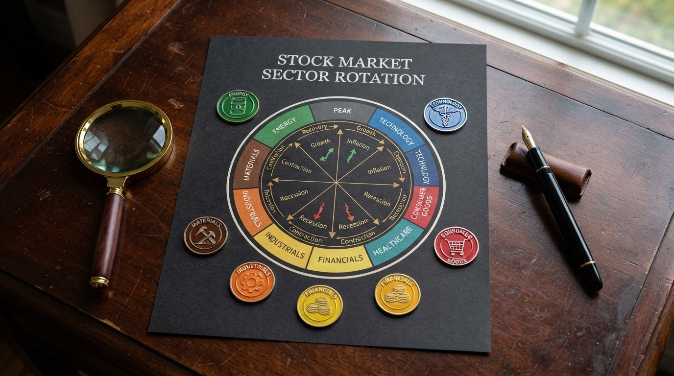 A realistic overhead shot of a stock market sector rotation wheel chart printed on dark paper, surrounded by colored sector tokens representing energy healthcare technology and consumer goods, a magnifying glass and fountain pen, dark mahogany desk, no people