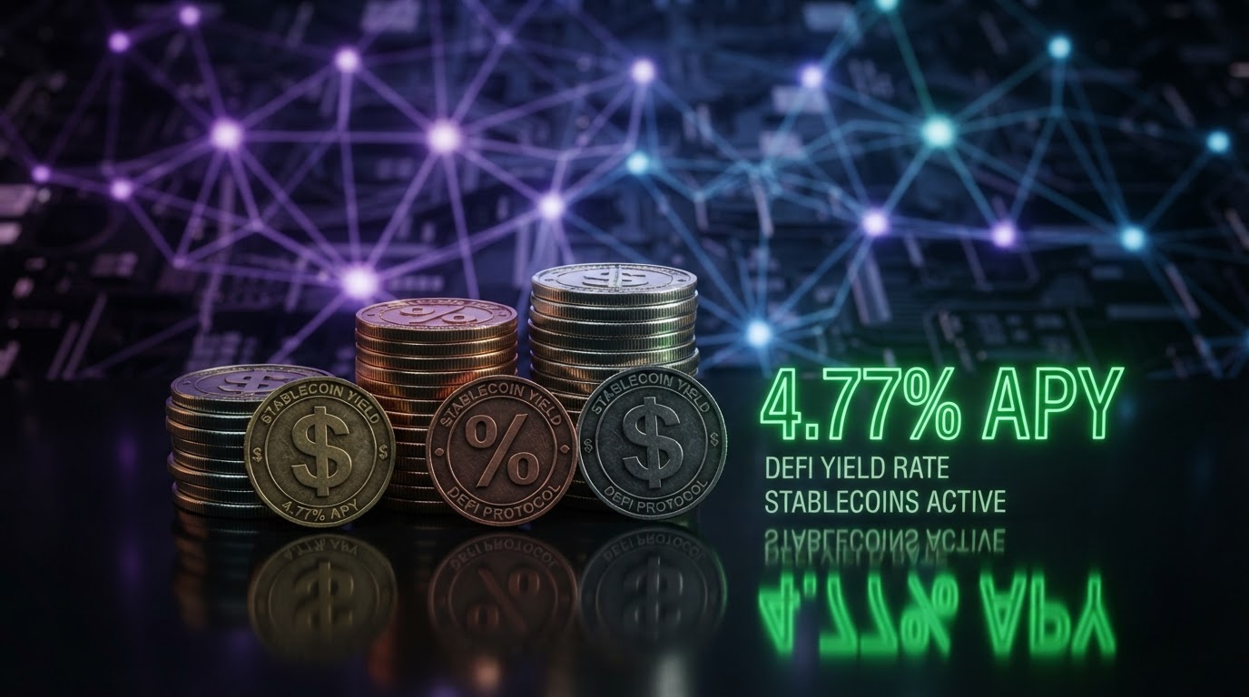 A realistic still life of stablecoins and DeFi yield concept, several physical metallic coins stamped with dollar signs and percentage symbols stacked on a dark reflective surface, a glowing 4.77% APY indicator in green, blockchain network nodes glowing purple in the background, no people