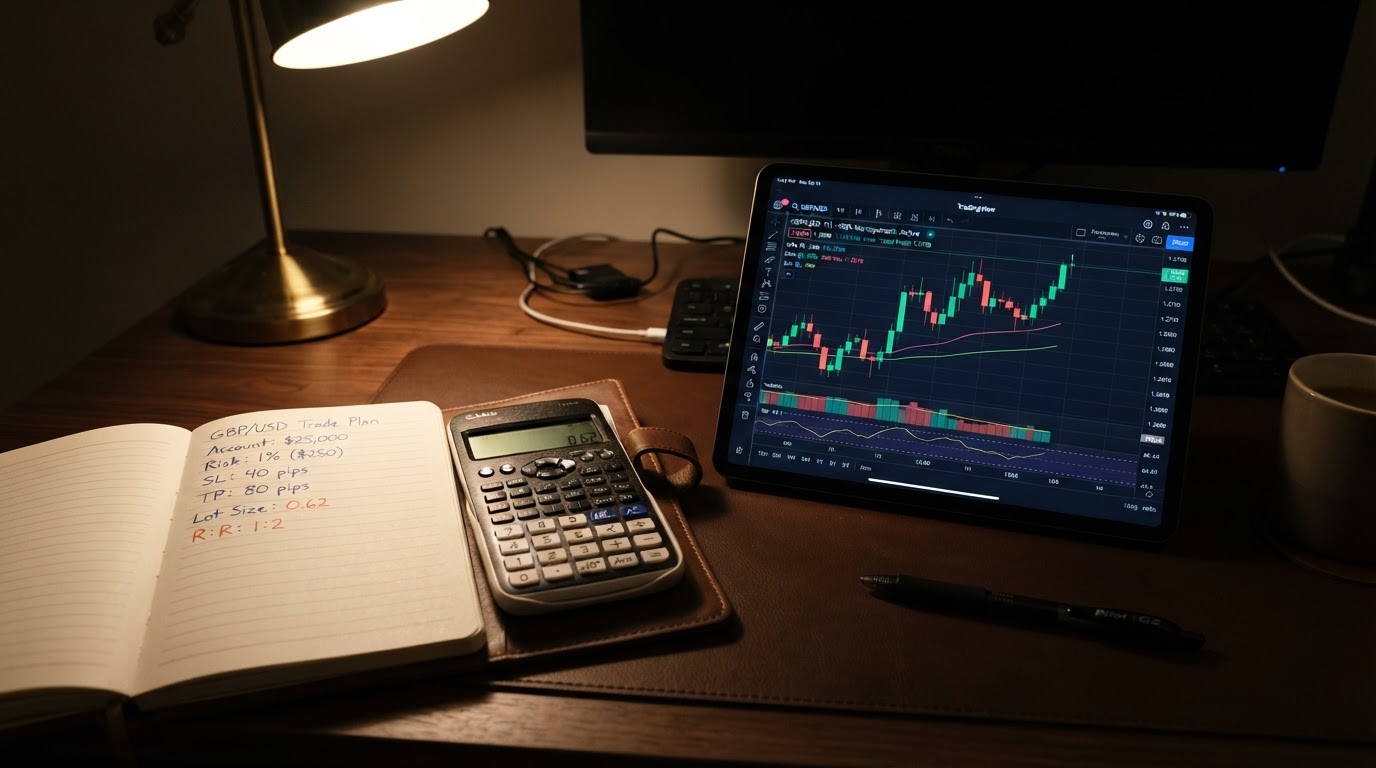 A realistic close-up of a Forex trading risk management dashboard on a dark desk, showing position sizing calculators, a calculator, a notebook with risk-reward ratios, and a glowing green candlestick chart on a tablet, warm desk lamp lighting, no people