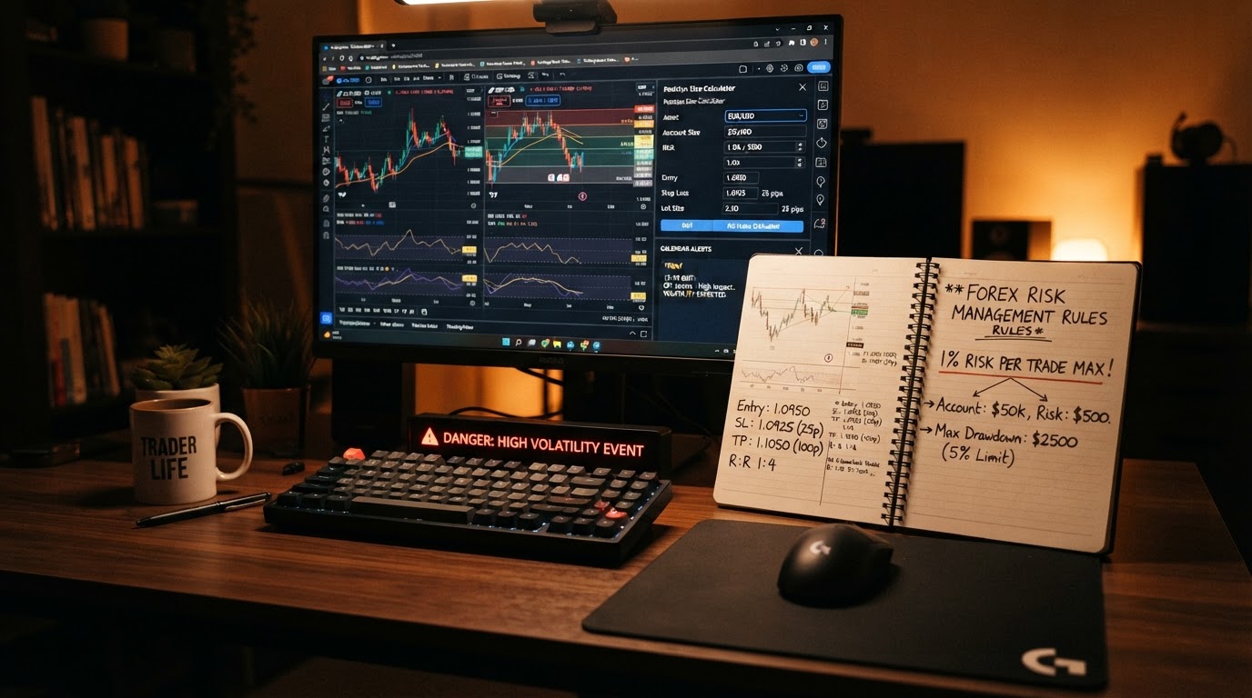 A realistic close-up of a Forex risk management dashboard on a dark desk showing position sizing calculators and a CPI calendar alert, a notebook with 1% risk rule written on it, a glowing red volatility warning indicator, warm amber desk lighting, no people