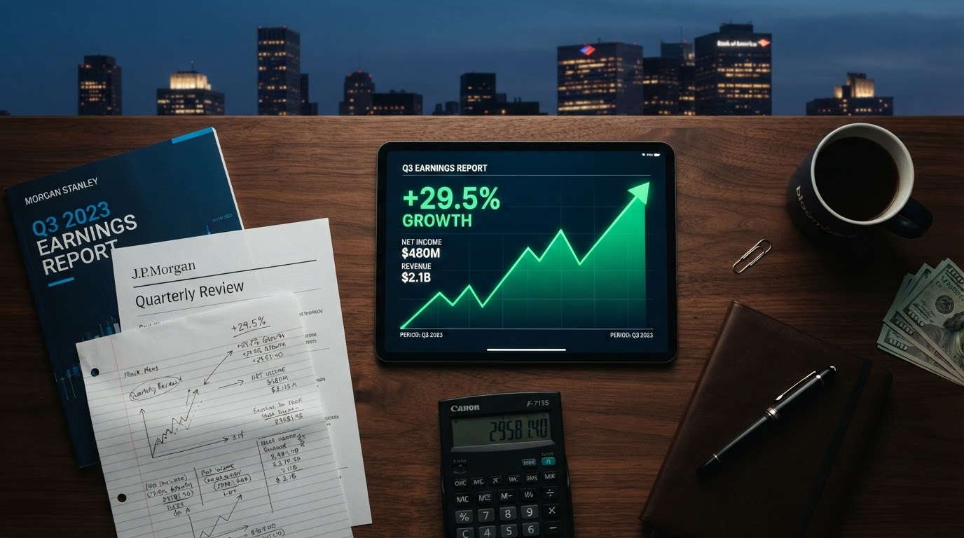 A realistic overhead flat lay of a stock market earnings season concept, quarterly financial reports and a calculator on a dark walnut desk, a glowing green 29.5% growth chart on a tablet, bank building silhouettes in the background, dark moody financial photography, no people