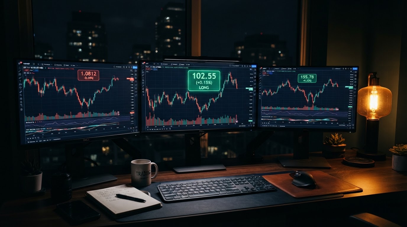 A realistic close-up of a Forex trading desk at night showing the US Dollar Index chart on one monitor and EUR/USD and USD/JPY candlestick charts on others, a glowing green DXY indicator at 102.55, dark navy and emerald color scheme, warm amber desk lamp, no people