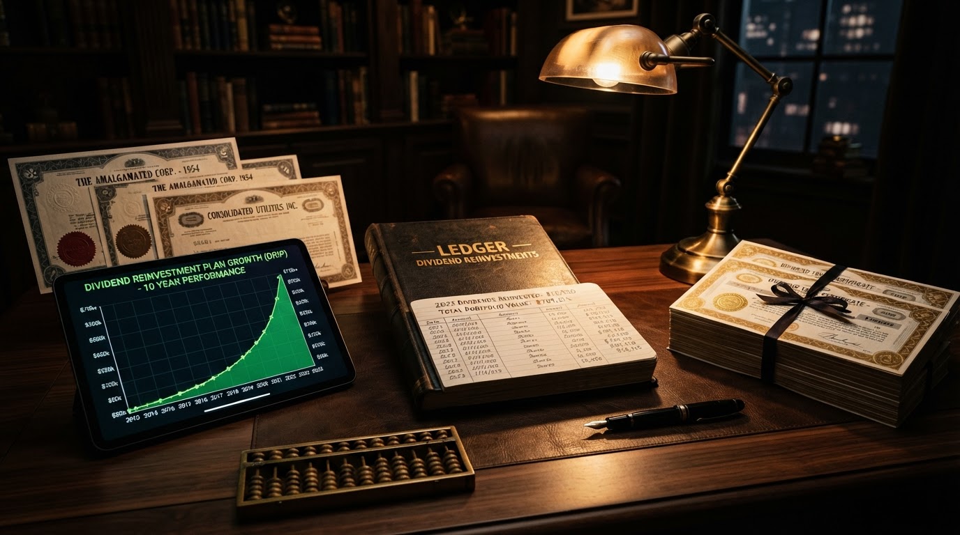 A realistic still life representing a dividend reinvestment plan and compound growth, a sleek dark walnut desk with a fountain pen, a leather-bound ledger book, several stacks of gold and silver dividend certificates, a glowing green upward compounding curve chart on a tablet screen, a small brass abacus, a few physical stock certificates with wax seals, warm amber desk lamp lighting with deep shadows, no people