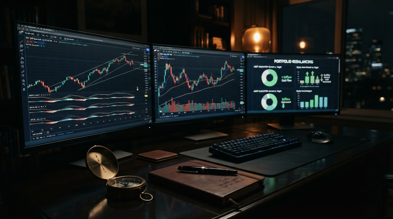 A realistic close-up of a dark professional trading workstation at night with three monitors showing an S&P 500 quarterly chart, a U.S. dollar index candlestick chart, and a portfolio rebalancing dashboard with allocation pie charts and green inflow arrows, a brass compass and a leather notebook on a glossy black desk, warm amber desk lamp lighting, no people