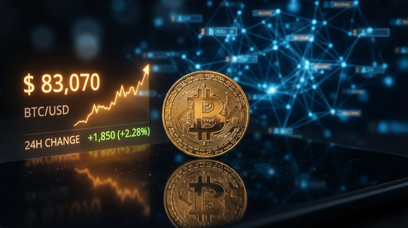 A realistic close-up of a golden Bitcoin coin resting on a dark reflective glass surface with a glowing price chart showing $83,070 in amber light, blockchain network nodes glowing blue in the background, a small Federal Reserve building silhouette reflected in the coin, no people
