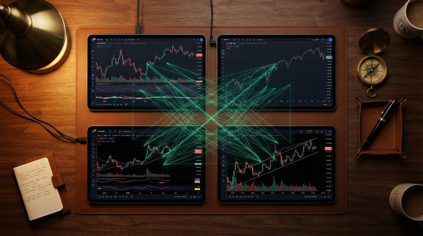 A realistic overhead shot of a dark walnut trading desk showing four separate financial charts arranged in a grid — a Forex candlestick chart, a stock market line chart, a Bitcoin crypto chart, and a gold commodity chart — connected by glowing emerald green correlation lines forming a web between them, a brass compass and a fountain pen on the side, warm amber desk lamp lighting, no people