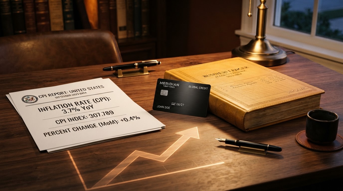 A realistic still life representing business credit and inflation, a sleek black business credit card, a CPI report document showing 3.7%, and a golden ledger book on a dark walnut desk, a subtle glowing upward arrow chart, warm amber lighting, no people