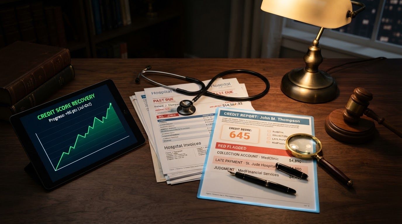 A realistic still life representing medical debt and credit repair, a dark walnut desk with a stethoscope draped over a stack of medical bills and hospital invoices, a glowing credit report document with score numbers and red flagged entries, a sleek black fountain pen and a magnifying glass, a small legal gavel, a glowing green upward arrow chart on a tablet screen, soft amber desk lamp lighting with deep shadows, no people