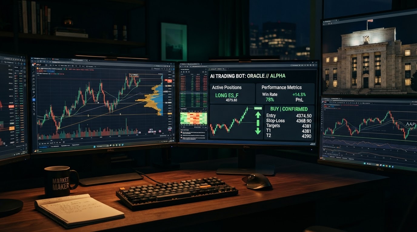 A realistic close-up of a sleek dark trading workstation at night showing multiple monitors with candlestick charts and an AI trading bot dashboard with green signal arrows, a Federal Reserve building silhouette reflected in one screen, warm amber desk lighting, no people
