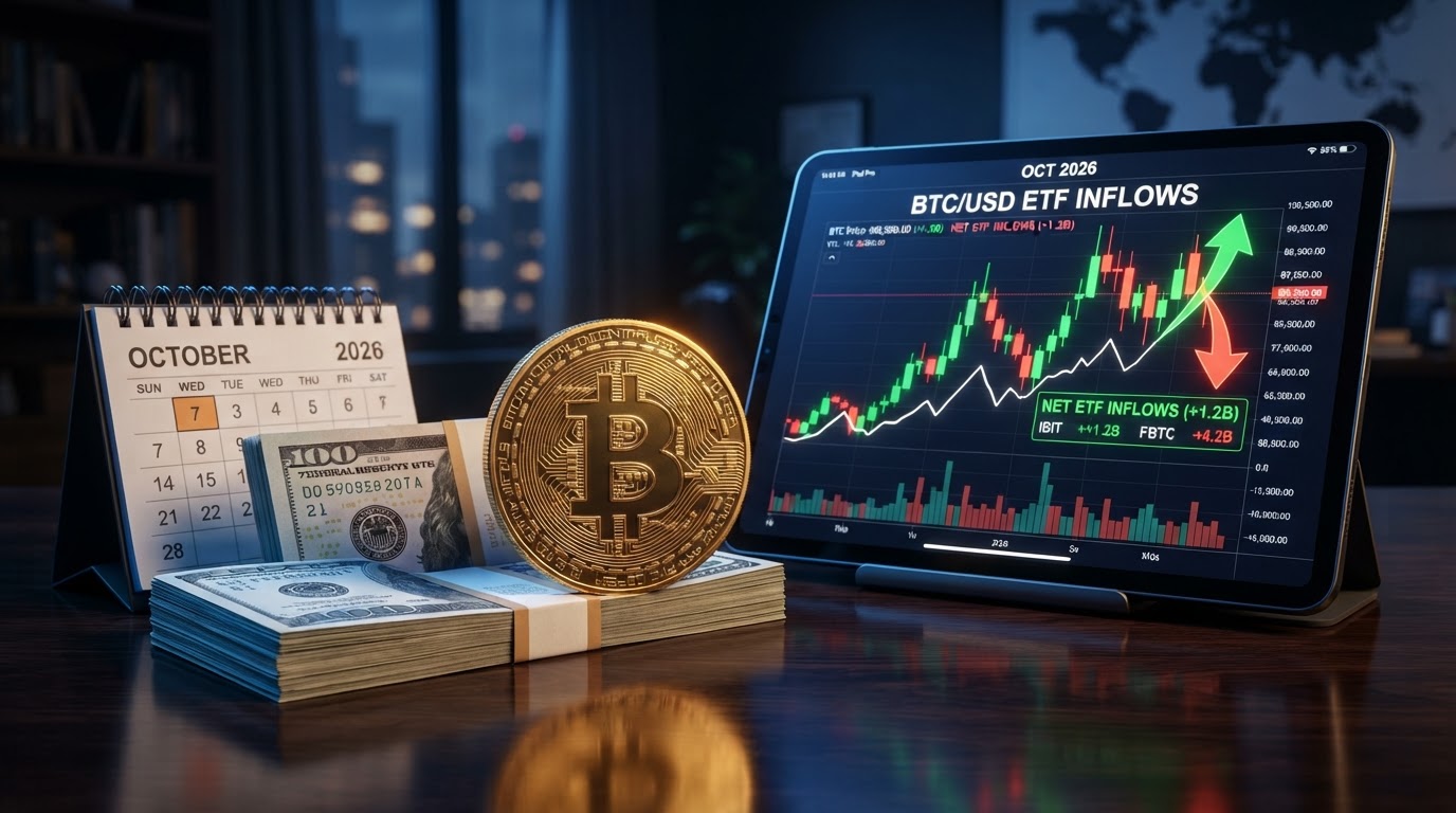 A realistic still life representing Bitcoin and the US dollar in October 2026, a large golden Bitcoin coin resting on a dark reflective surface beside a stack of crisp US dollar bills, a glowing green and red candlestick chart on a tablet screen showing ETF inflow arrows, a small calendar page reading October, blue and amber rim lighting, no people