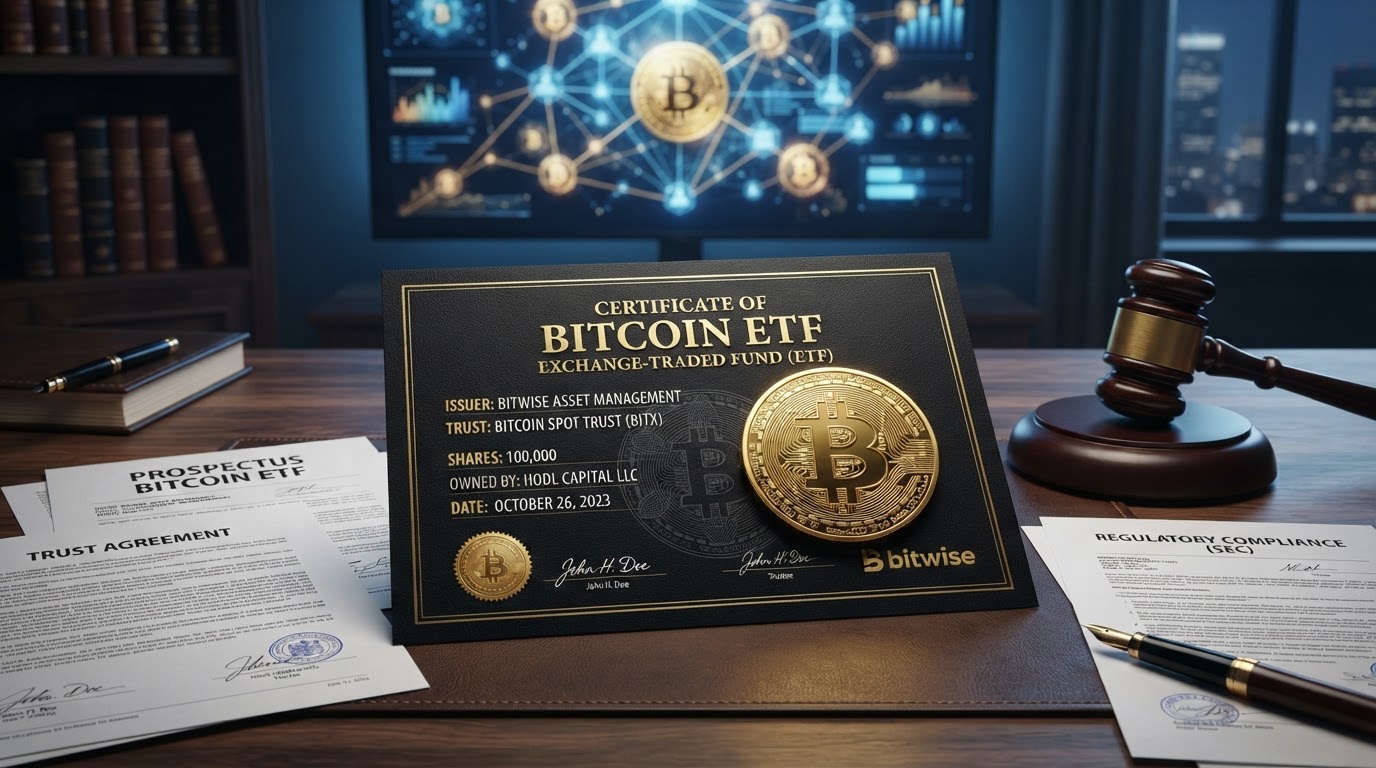 A realistic still life of a sleek black Bitcoin ETF certificate document with a golden Bitcoin coin resting on it, surrounded by legal documents and a gavel, dark walnut desk, soft blue and gold lighting, blockchain network nodes glowing faintly in background, no people