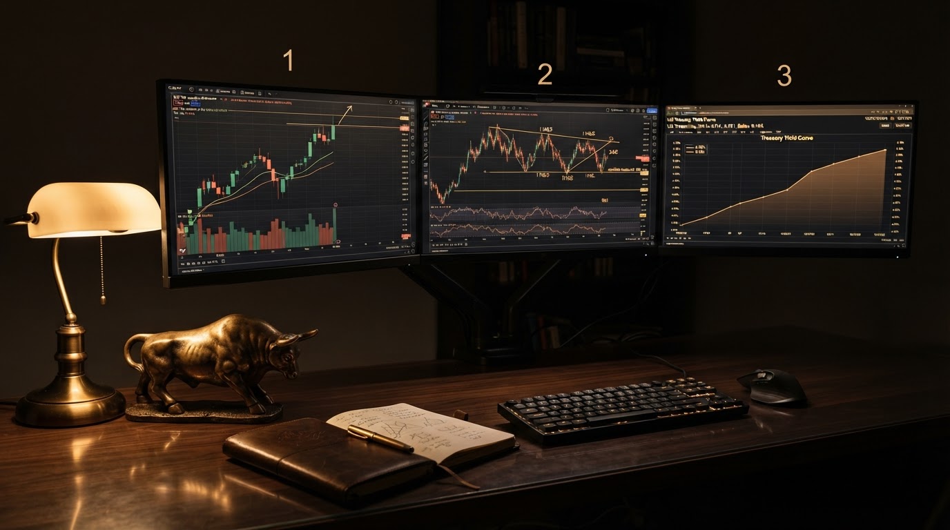 A realistic close-up of a dark professional trading workstation at night with three monitors showing an S&P 500 quarterly chart breaking out, a candlestick chart with an inverse head and shoulders pattern, and a Treasury yield curve dashboard, a brass bull statue and a leather notebook on a glossy black desk, warm amber desk lamp lighting, deep shadows, no people