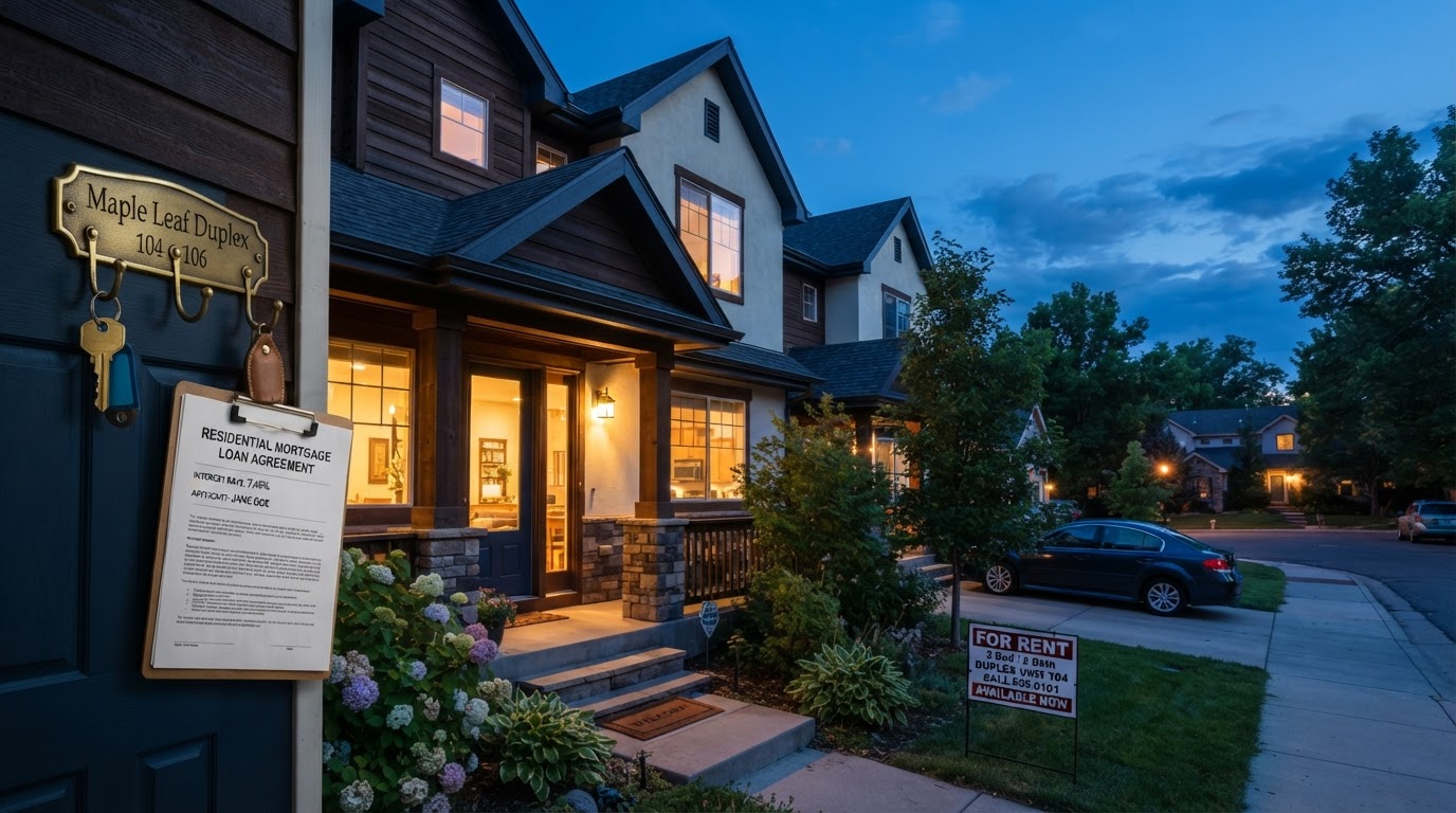 A realistic exterior shot of a duplex rental property at blue hour with warm interior lights glowing, a set of keys and a mortgage document showing 7.46% on a hook by the door, a small FOR RENT sign, quiet neighborhood, no people