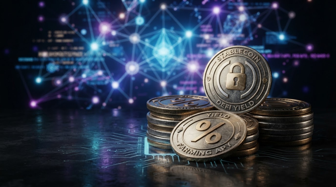 A realistic still life of stablecoins and DeFi yield farming concept, several physical metallic coins stamped with lock and percentage symbols stacked on a dark reflective surface, glowing blue and purple blockchain network nodes in the background, no people
