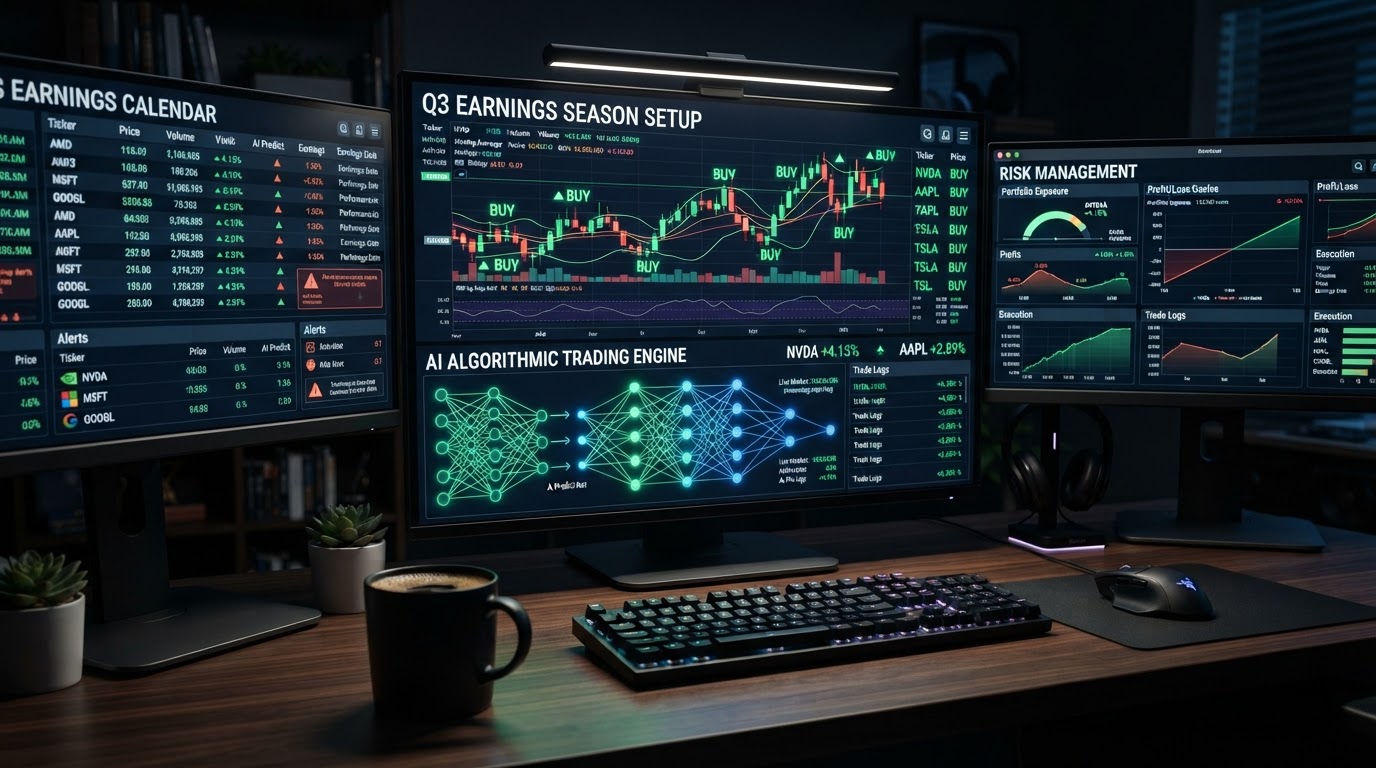 A realistic close-up of an AI trading bot dashboard on multiple dark monitors showing earnings season stock setups with green signal arrows and candlestick charts, glowing neural network pathways in emerald and blue, a cup of coffee on the desk, no people
