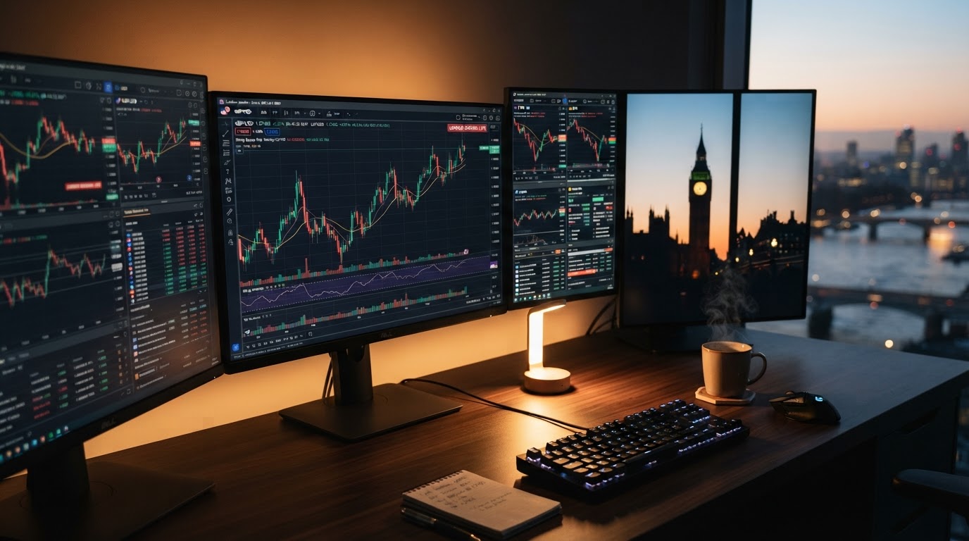 A realistic close-up of a dark trading workstation at dawn showing the London session on multiple monitors with GBP/USD candlestick charts, a Big Ben clock tower silhouette reflected in one screen, warm amber desk lighting, a cup of coffee steam rising, no people