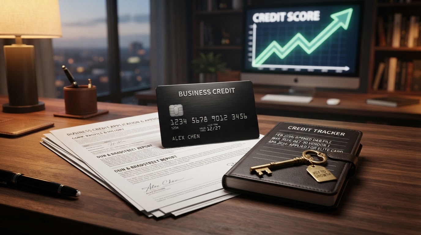 A realistic still life representing business credit building, a sleek black business credit card and corporate documents with a golden key and a small ledger book on a dark walnut desk, soft amber lighting, a subtle glowing upward arrow chart in the background, no people