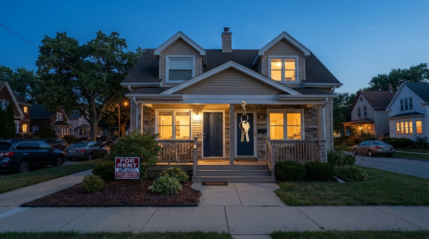 A realistic exterior shot of a modest duplex rental property in a quiet Midwestern neighborhood at blue hour, with a FOR RENT sign and a set of keys on a hook by the door, warm interior lights glowing, no people
