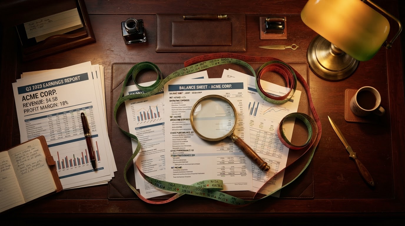A realistic overhead shot of a dark mahogany desk with corporate earnings reports, a magnifying glass over financial statements, green and red stock ticker tape, a fountain pen, a vintage brass desk lamp glowing warm, no people