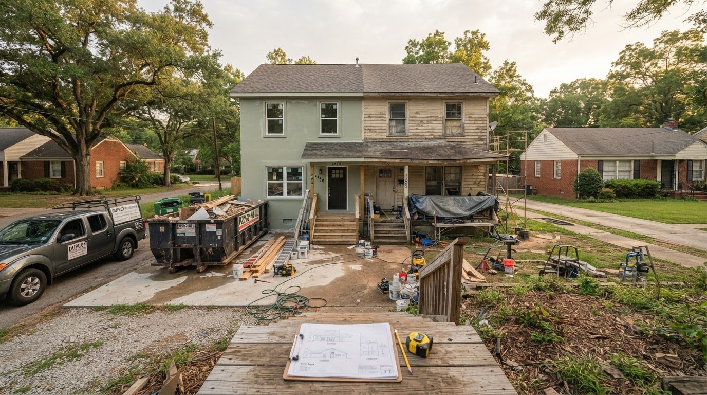 A realistic exterior shot of a distressed fixer-upper duplex property mid-renovation in a quiet suburban neighborhood, a roll-off dumpster and construction tools in the driveway, a fresh coat of paint being applied to one side revealing the before-and-after contrast, a clipboard with architectural blueprints and a tape measure resting on the front steps, golden hour warm light, overcast sky, no people