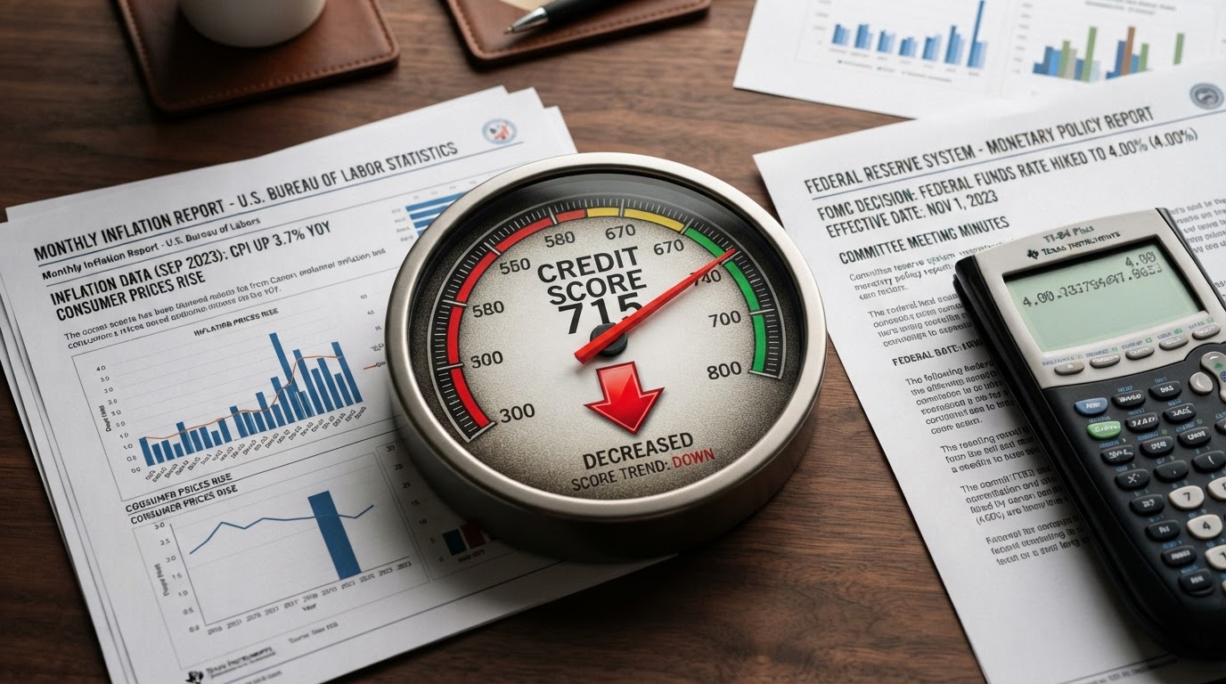 A realistic macro shot of a credit score gauge meter showing 715 with a red downward arrow, surrounded by inflation reports and a Federal Reserve rate document showing 4.00%, a calculator, on a dark walnut desk, no people