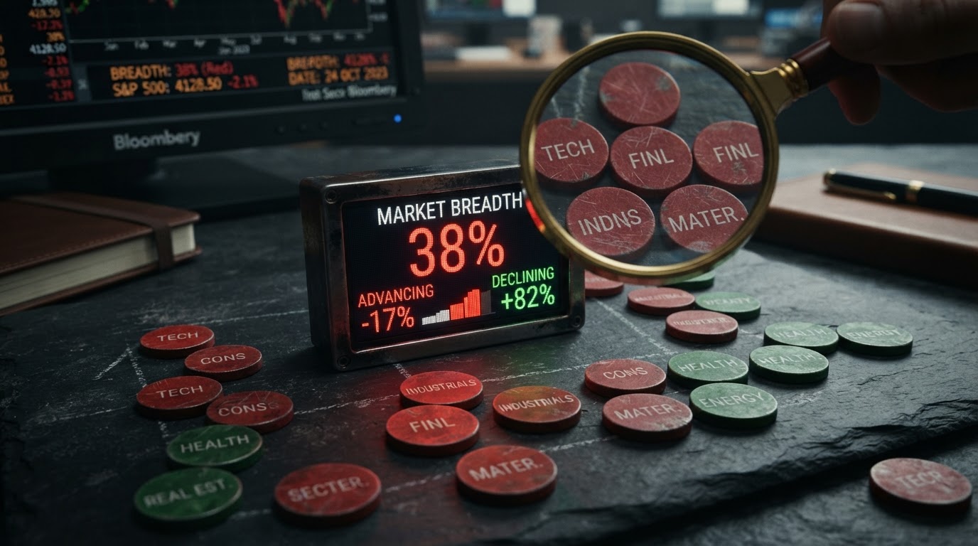 A realistic macro shot of a stock market breadth indicator showing 38% in red on a dark screen, scattered red and green sector tokens representing different industries on a dark slate surface, a magnifying glass, moody financial photography, no people