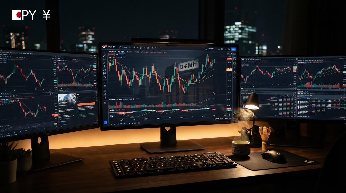A realistic close-up of a dark trading workstation at night showing multiple monitors with USD/JPY candlestick charts and a Japanese yen currency symbol, a small Japanese flag and a Bank of Japan building silhouette reflected in one screen, red and green candlesticks, warm amber desk lighting, a cup of green tea steam rising, no people