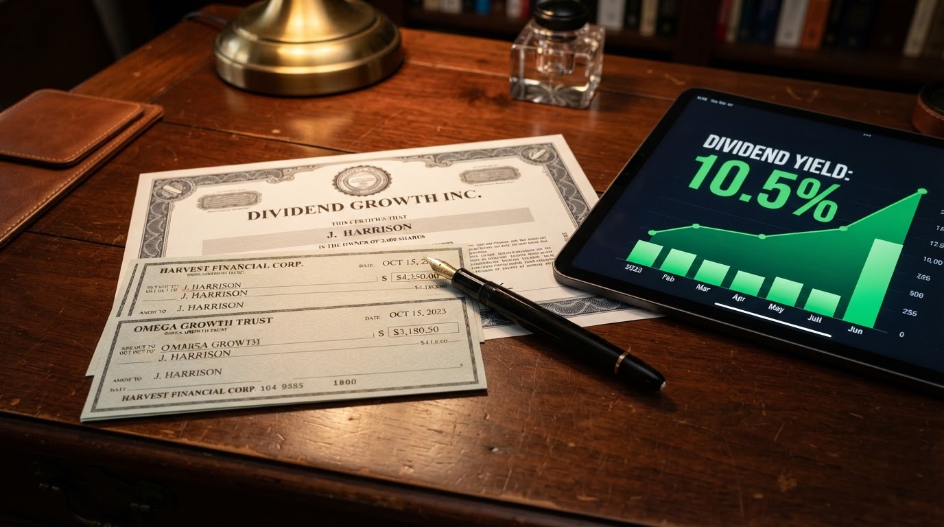 A realistic close-up of dividend investing concept, a stack of dividend checks and a stock certificate on a dark mahogany desk, a glowing green dividend yield chart on a tablet showing 10.5%, a fountain pen, warm desk lamp lighting, no people